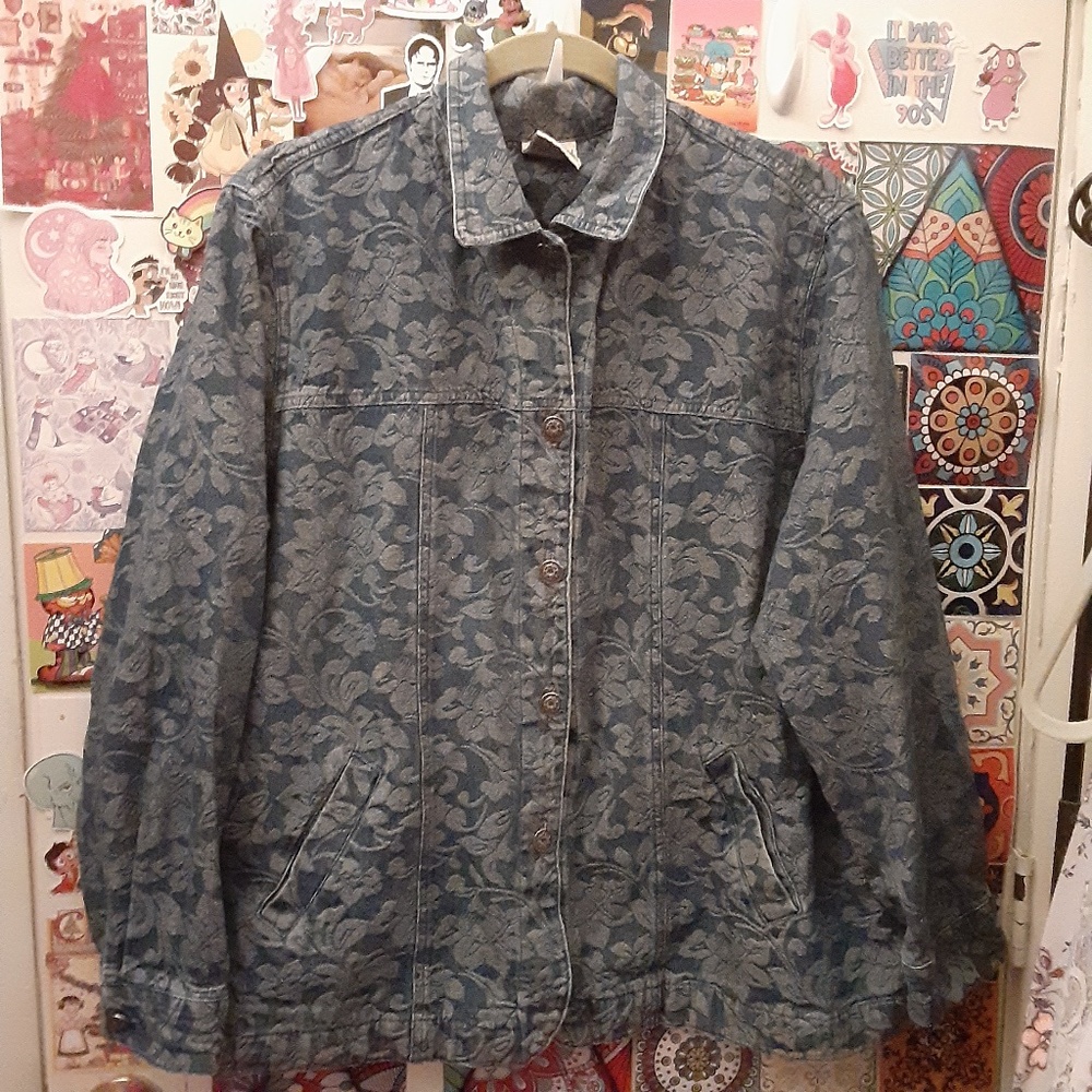 VTG Y2K Allison Daley 20W 1X Chambray Blue Floral Denim Jean Jacket Pockets